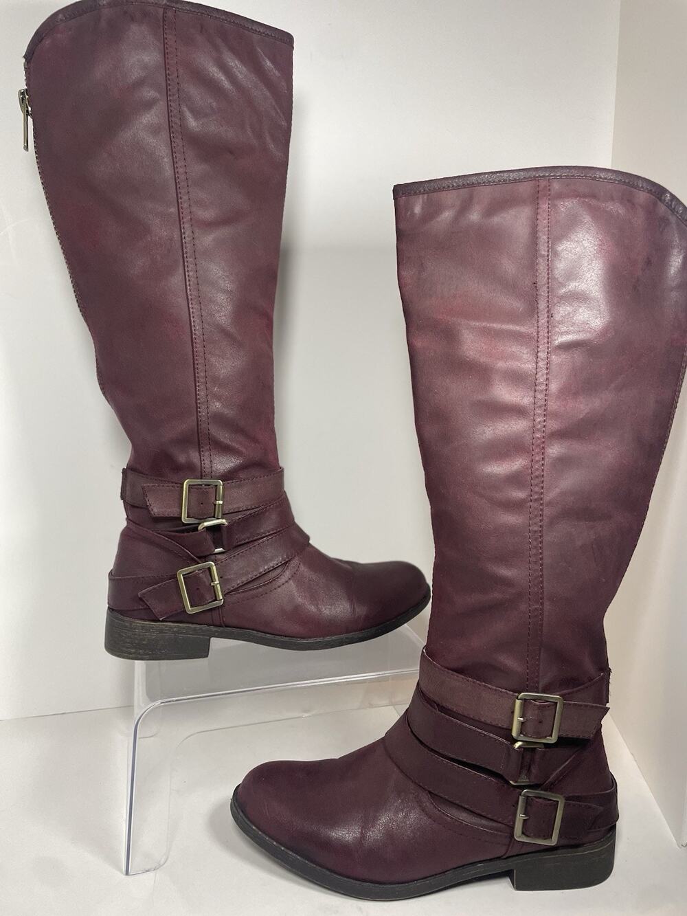Madden Girl Campusss Maroon Knee High Boots Women's Sz 8.5M Zip Gold Trim BOHO